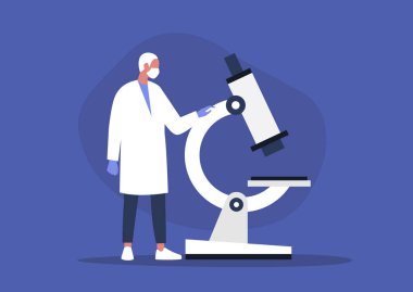 Mikroskop, laboratuvar araştırmaları, koronavirüs salgınına bakan genç bir bilim adamı.