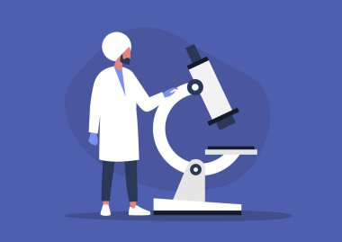 Mikroskop, laboratuvar araştırması, koronavirüs salgınına bakan genç Hintli erkek bilim adamı.