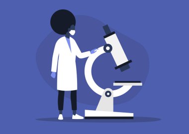 Mikroskop, laboratuvar araştırmaları, koronavirüs salgınına bakan genç siyah kadın bilim adamı.