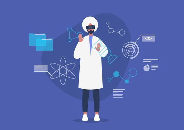 バイオテクノロジーの概念 Vrヘッドセットを身に着けている若い男性科学者 分子やインフォグラフィックのデジタル画像 — ストックベクタ