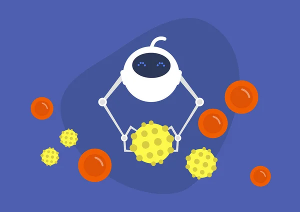 Konsep Bioteknologi Robot Putih Yang Lucu Melawan Penyakit Coronavirus Penelitian - Stok Vektor