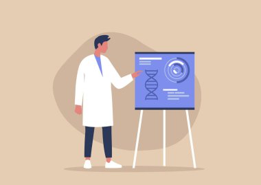 Genç erkek karakter bir ters çizelgeye işaret ediyor, biyoteknoloji girişimi, yeni teknolojiler