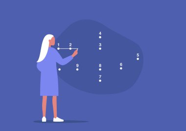 Noktaları birleştiren genç kadın karakter, adım adım stratejik plan, problem çözme