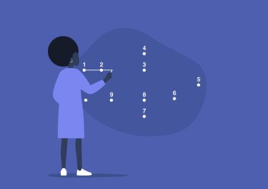 Noktaları birleştiren genç siyah kadın karakter, adım adım stratejik plan, problem çözme