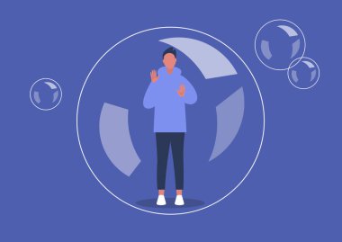 Sosyal uzaklık, koronavirüs karantinası, sabun köpüğüne yerleştirilmiş genç erkek karakter.