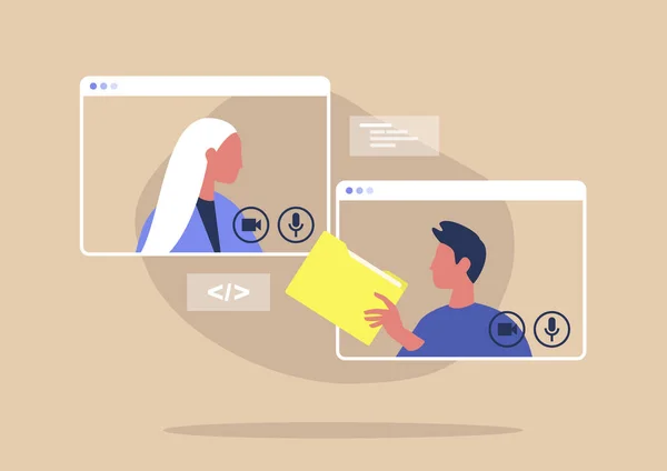 Video konferansı, evden çalışma, sosyal uzaklık, iş görüşmesi, iş arkadaşları materyalleri paylaşma