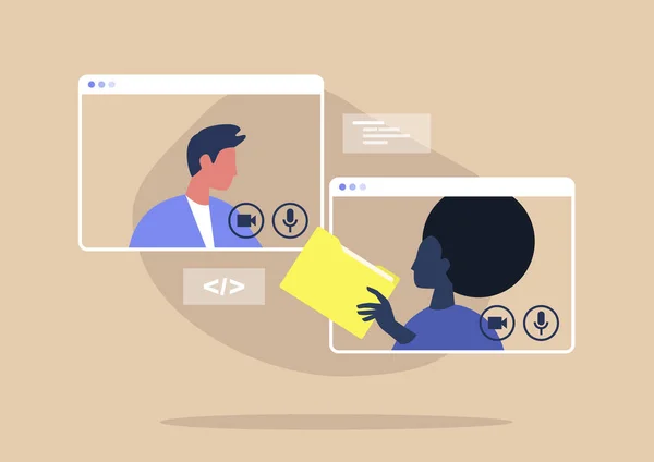 Video konferansı, evden çalışma, sosyal uzaklık, iş görüşmesi, iş arkadaşları materyalleri paylaşma