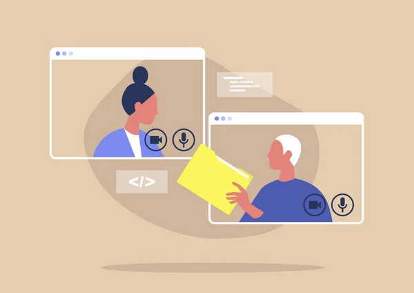 Video konferansı, evden çalışma, sosyal uzaklık, iş görüşmesi, iş arkadaşları materyalleri paylaşma