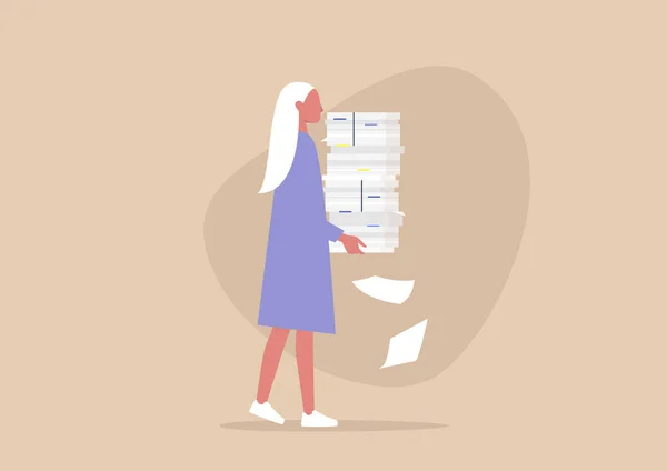 Concept Bureaucratie Jeune Personnage Féminin Portant Grand Tas Documents Papier — Image vectorielle
