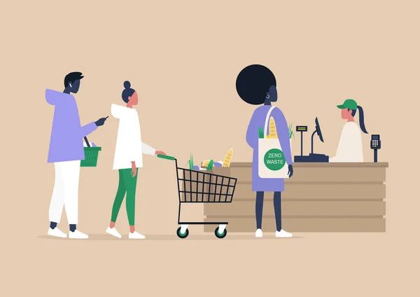 Pénztáros Boltban Egy Sor Ügyfél Vásárol Élelmiszert Szupermarket Pénztárnál Mindennapi — Stock Vector