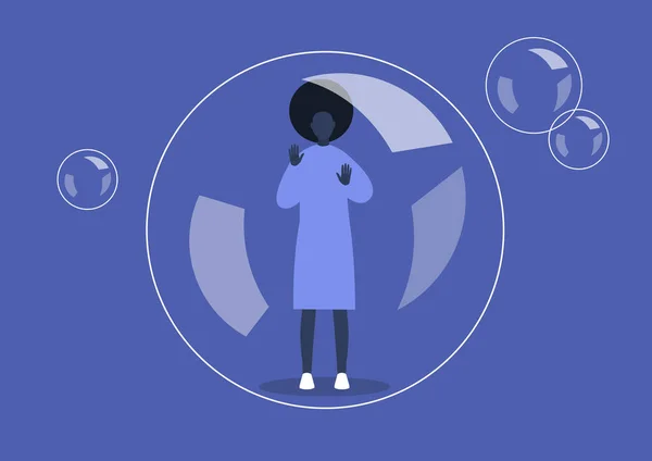 Distance Sociale Quarantaine Coronavirus Jeune Personnage Féminin Noir Placé Dans — Image vectorielle