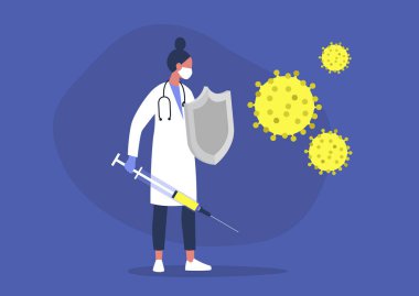 Genç bayan doktor virüse karşı kılıçla ve kalkanla savaşıyor, sağlık hizmetleri, bağışıklık sistemi, aşı...