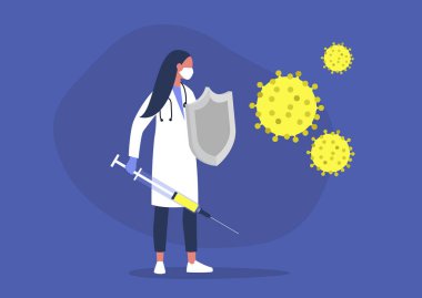 Genç bayan doktor virüse karşı kılıçla ve kalkanla savaşıyor, sağlık hizmetleri, bağışıklık sistemi, aşı...