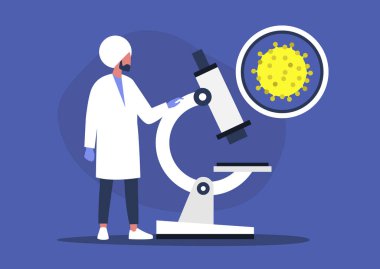 Mikroskop, laboratuvar araştırması, koronavirüs salgınına bakan genç Hintli erkek bilim adamı.