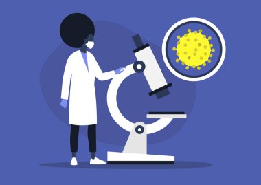 Mikroskop, laboratuvar araştırmaları, koronavirüs salgınına bakan genç siyah kadın bilim adamı.