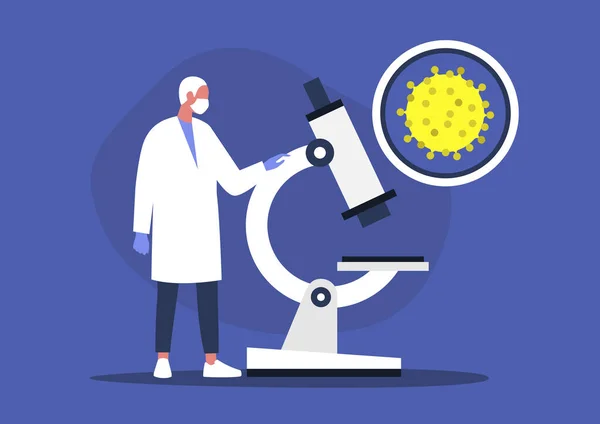 顕微鏡を見ている若い男性科学者 研究室の研究 コロナウイルスパンデミック — ストックベクタ