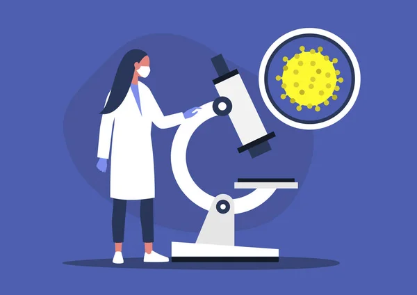 Ung Kvinnlig Forskare Tittar Igenom Mikroskop Labbforskning Coronavirus Pandemi — Stock vektor
