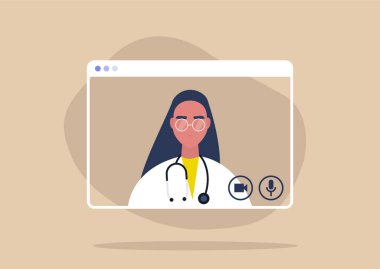 Kadın bir doktorla çevrimiçi istişare, sosyal uzaklık, koronavirüs önleme