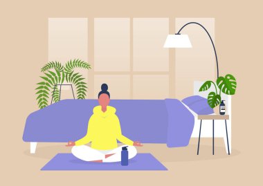 Evde yoga ve meditasyon yapan genç bir kadın karakter, farkındalık, modern çağdaş yaşam tarzı. 