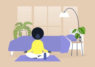 Genç siyahi kadın karakter evde yoga ve meditasyon yapıyor, farkındalık, modern çağdaş yaşam tarzı 