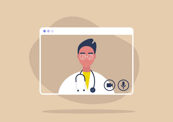 Bir erkek doktorla çevrimiçi istişare, sosyal uzaklık, koronavirüs önleme