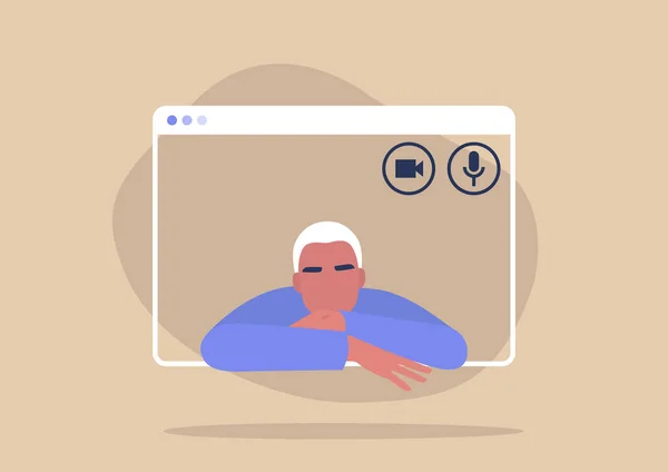 Jeune Personnage Masculin Utilisant Une Interface Appel Vidéo Réunion Ligne — Image vectorielle