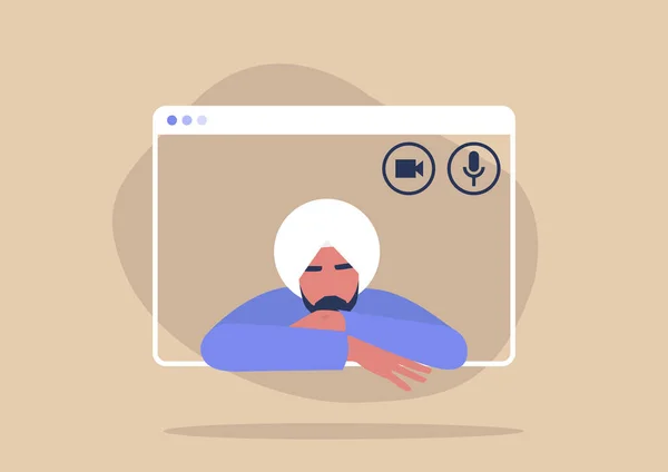 Jeune Personnage Masculin Indien Utilisant Une Interface Appel Vidéo Réunion — Image vectorielle