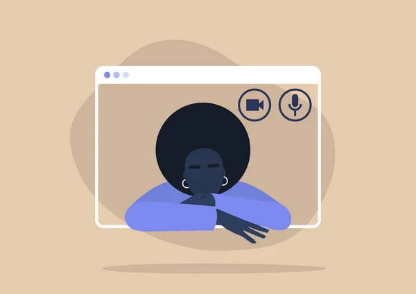 Jovem Personagem Feminina Negra Usando Uma Interface Chamada Vídeo Reunião —  Vetores de Stock