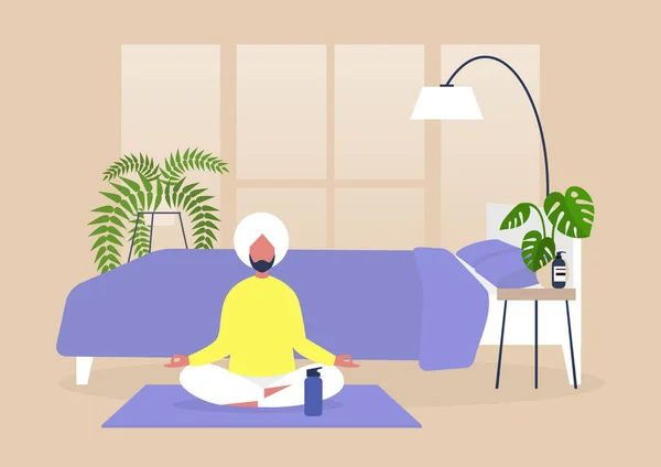 Junger Indischer Männlicher Charakter Der Hause Yoga Und Meditation Praktiziert — Stockvektor