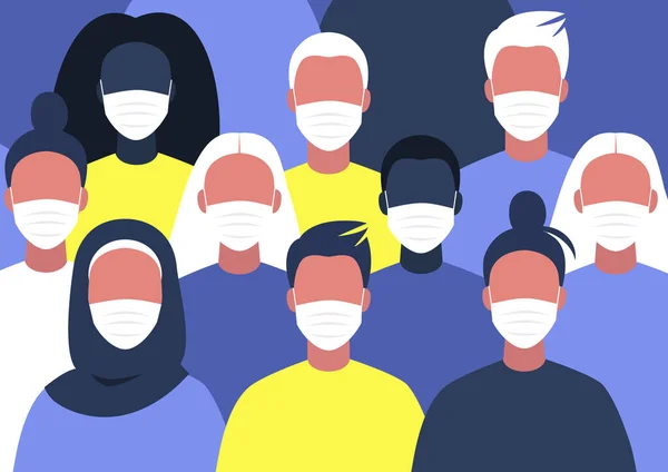 Een Diverse Groep Mensen Draagt Gezichtsmaskers Coronavirus Uitbraak — Stockvector