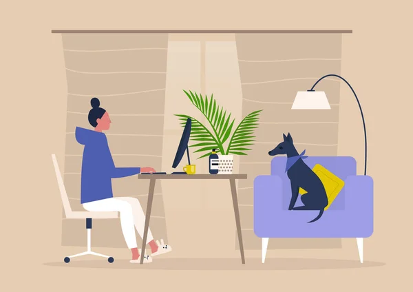 Evden çalışan genç bir kadın karakter, kendini izole etme, oturma odasında çalışma alanı