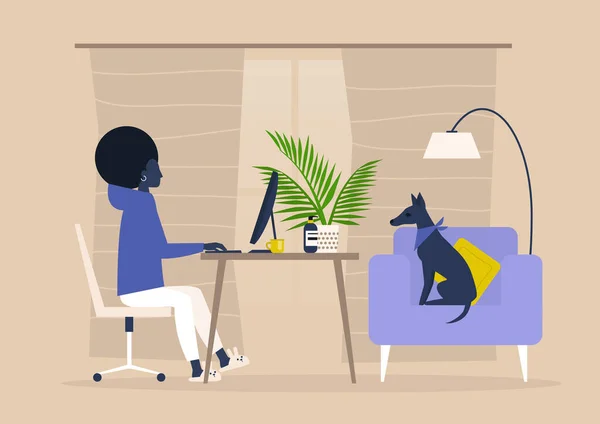 Evden çalışan genç siyah kadın karakter, kendini izole etme, oturma odasında çalışma alanı