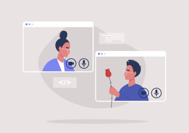 Çevrimiçi flört platformu, modern romantizm: video aracılığıyla sohbet eden iki cins karakter, milenyum ilişkileri