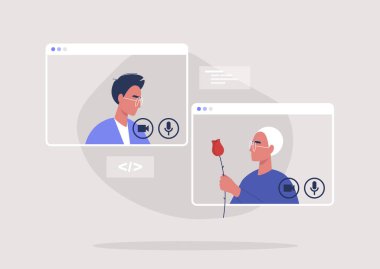 Çevrimiçi flört platformu, modern romantizm: video aracılığıyla sohbet eden iki gey karakter, milenyum ilişkileri