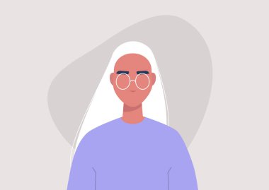 Genç kadın karakter portresi, ön görüş, milenyum yaşam tarzı, düz vektör grafikleri