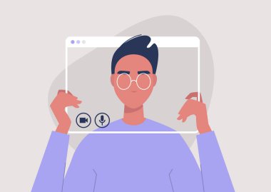 Sosyal uzaklık iletişimi, genç erkek karakter video görüntüsü, teknoloji.