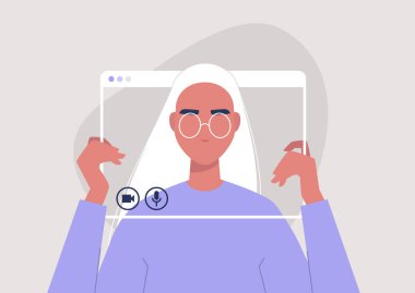 Sosyal uzaklık iletişimi, genç kadın karakter video görüntüsü, teknoloji.