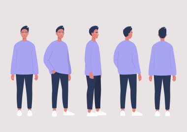 Young male character poses collection: front, side and back views clipart