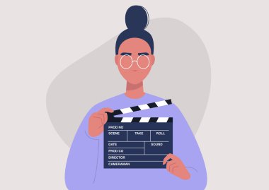 Movie production, young female character holding a clapper board, video industry clipart
