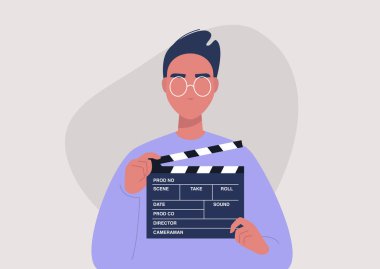 Movie production, young male character holding a clapper board, video industry clipart