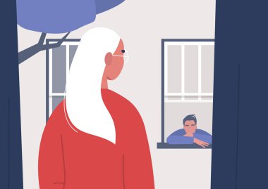 Evde oturup, birbirlerine pencereden bakan iki komşu, can sıkıntısı.