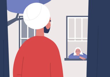 Evde oturup, birbirlerine pencereden bakan iki komşu, can sıkıntısı.