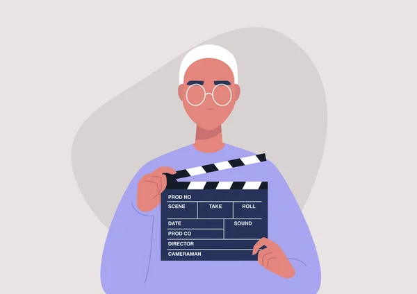 Production Cinématographique Jeune Personnage Masculin Tenant Clapet Industrie Vidéo — Image vectorielle