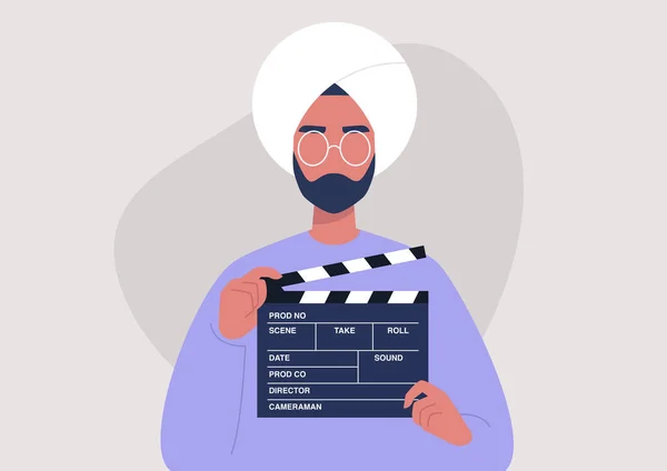 映画製作 クラッパーボードを持つ若いインドの男性キャラクター ビデオ業界 — ストックベクタ