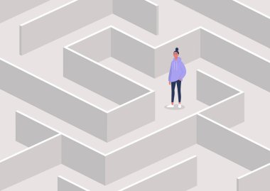 Labirentteki genç kadın karakter, stratejik düşünce ve sorun yaratma, iş konsepti