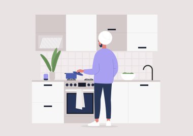 Genç Hintli erkek karakter mutfakta yemek yapıyor, dikiz aynasından bakıyor, evde kalıyor.