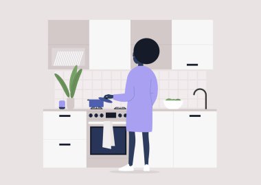 Genç siyah kadın karakter mutfakta yemek yapıyor, dikiz aynasından bakıyor, evde kalıyor.