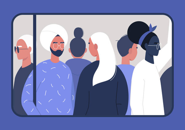 Час пик, разнообразная группа пассажиров, через окно поезда
