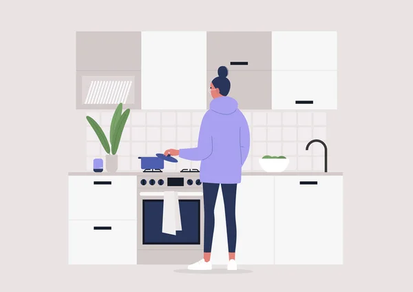 Junge Weibliche Figur Macht Essen Der Küche Rückansicht Hause Bleiben — Stockvektor