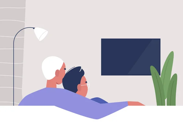 Una Pareja Gay Viendo Televisión Casa Relajación Fin Semana Estilo — Vector de stock